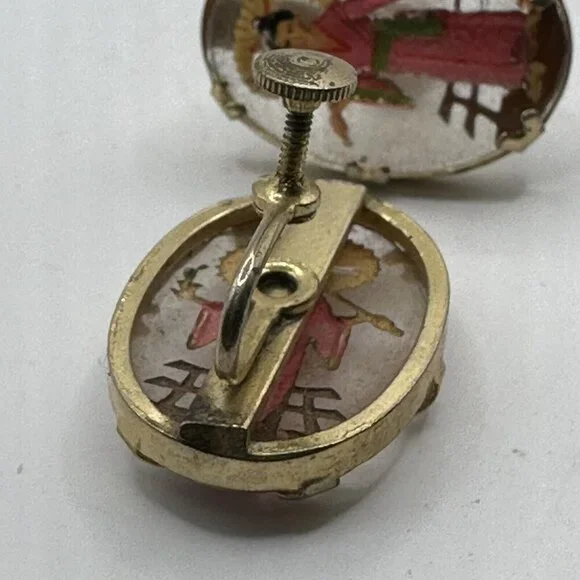 Vintage Geisha Earrings Clip On Twist On Hand Painted Gold Oval Earrings - Picture 6 of 9